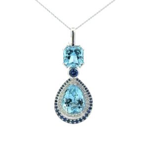 Blue Topaz & Sapphire Diamond Pendant, 18KW 14.70gr, 0.25ct tdw