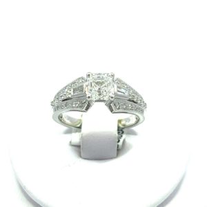 Diamond Engagement Ring, 1.01 Asscher cut centre, I1 H VG, GIA cert 17738276, 18KT white gold, 5.64gr, setting has 0.34ct tdw